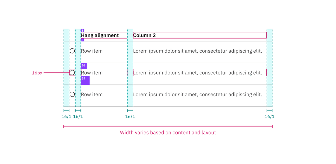 Spacing and measurements for selectable structured list